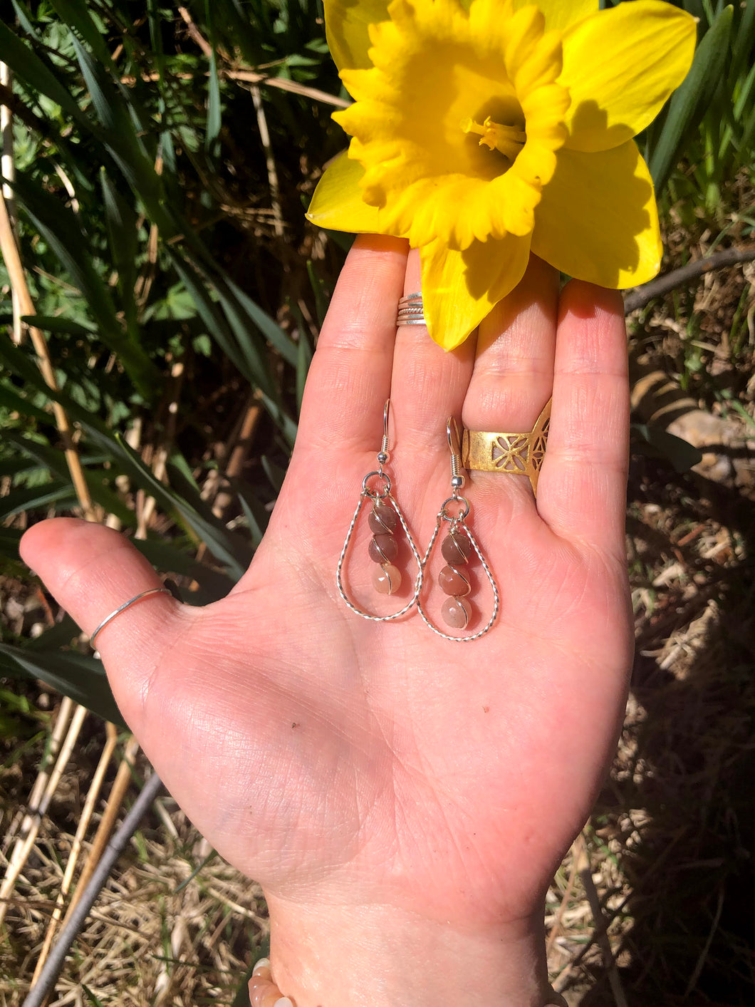 Peach Moonstone Drop Hoops